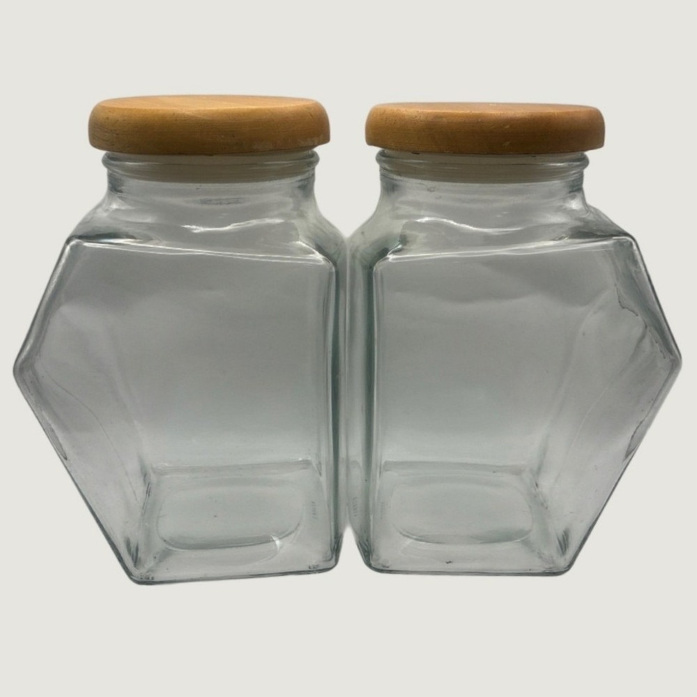 Glass Canister Set 2pc Clear Geometric Wood Lid Made in Canada Vintage